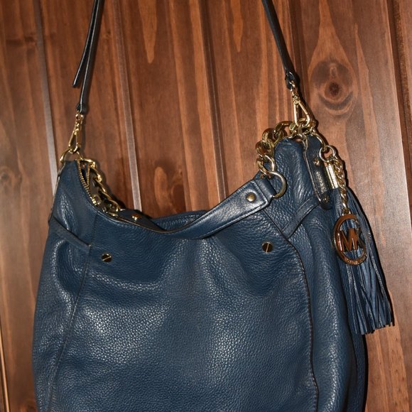 Michael KORS navy blue MEGAN Crossbody shoulder SLOUCH handbag LEATHER gold - Picture 6 of 15